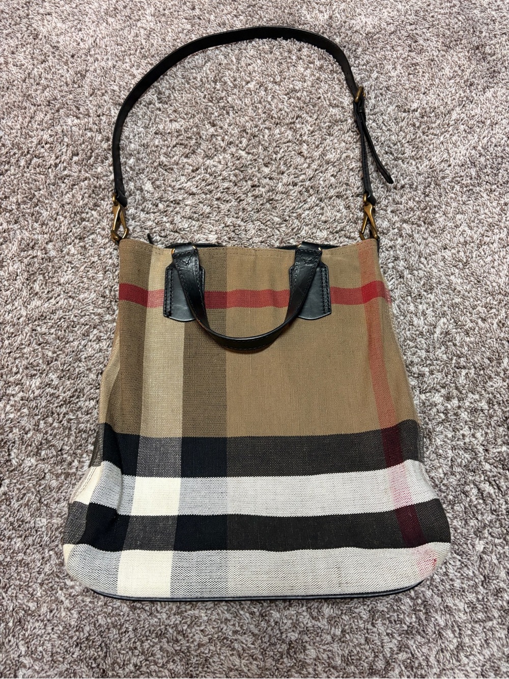Burberry Tan Check Canvas Tote with Black Leather Handles and Red Accent